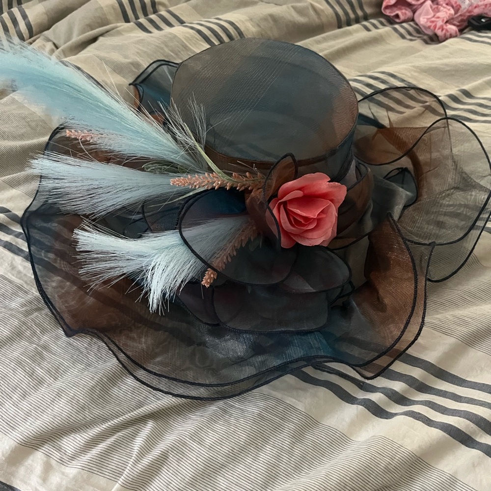 Elegant Blue and Brown Hat with Pink Rose